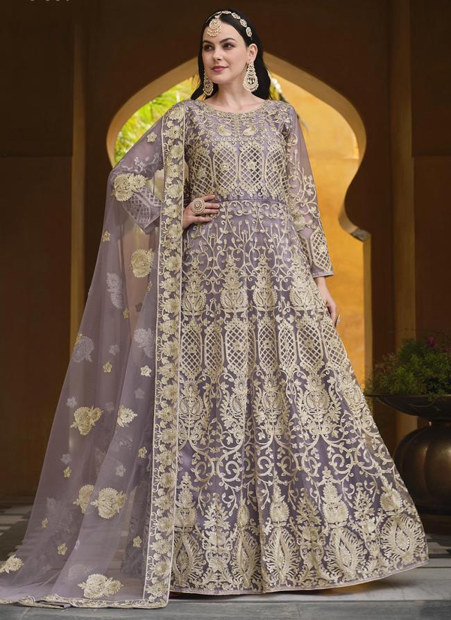Pure Butterfly Net Lilac Bridal Wear Stone Work Anarkali Suit
